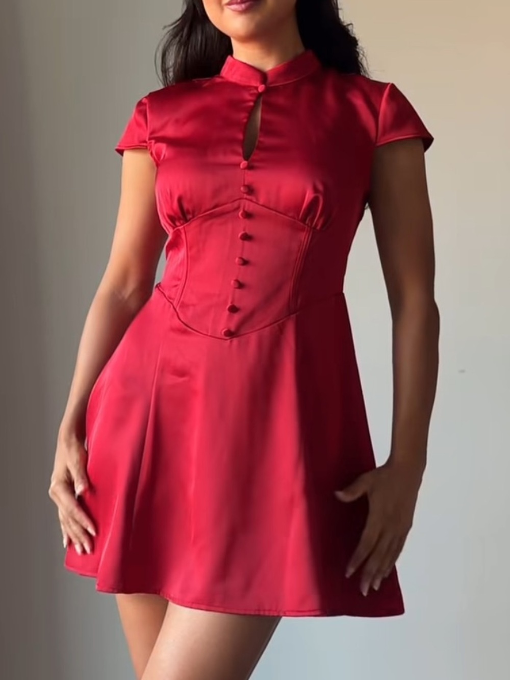RIHOAS Red Satin Mini Dress with Mandarin Collar - Picture 3 of 4
